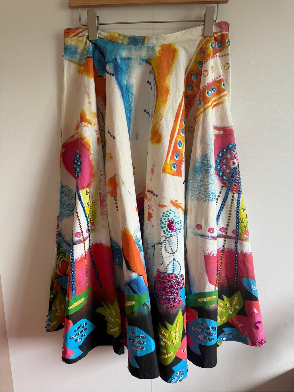 Lapis Embellished Art Print Midi Skirt Medium Boho Wearable Art Cotton